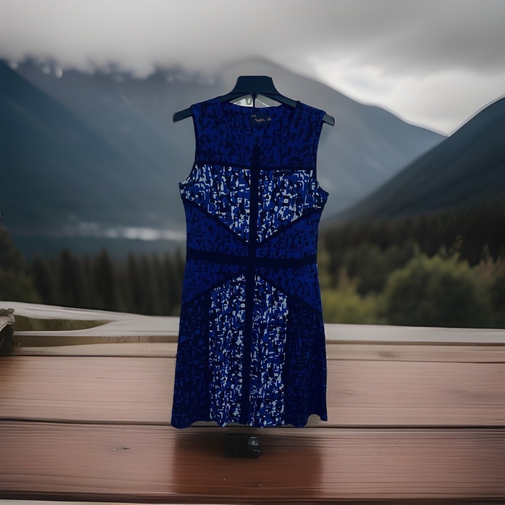 Just Taylor Womens Size 8 Blue Abstract A-Line Knee Dress Sleeveless Zip Stretch